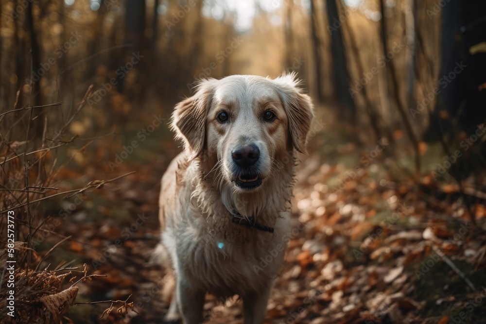 The dog walks in the woods. Close up. Generative AI