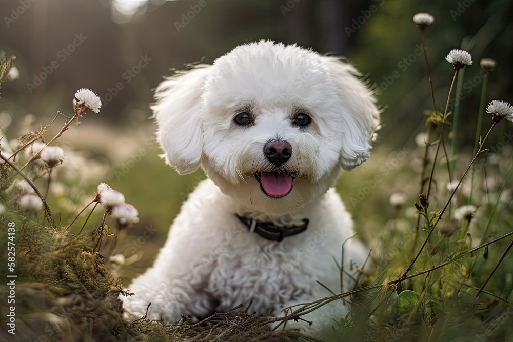 Bichon Frise pup. The Bichon Frize is snarling at the dog pouf. Generative AI