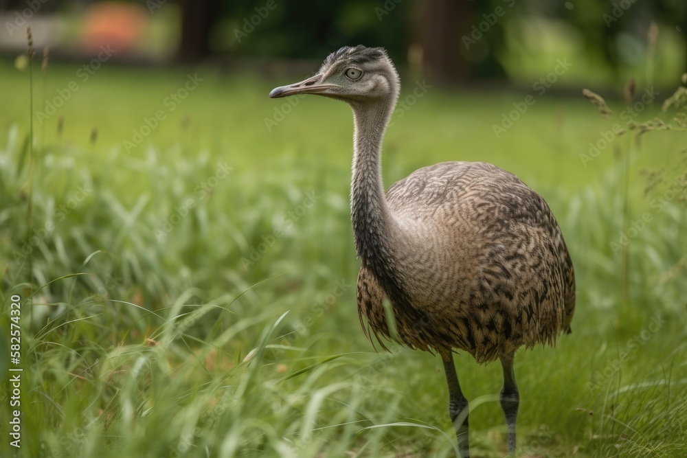 In a zoo, Rhea is strolling through the grass. Generative AI