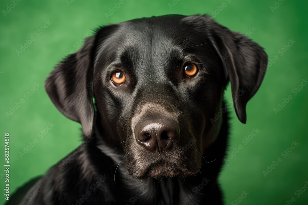 On a green background, a cute and interested black Labrador. Wonderful dog, very friendly, calm, and