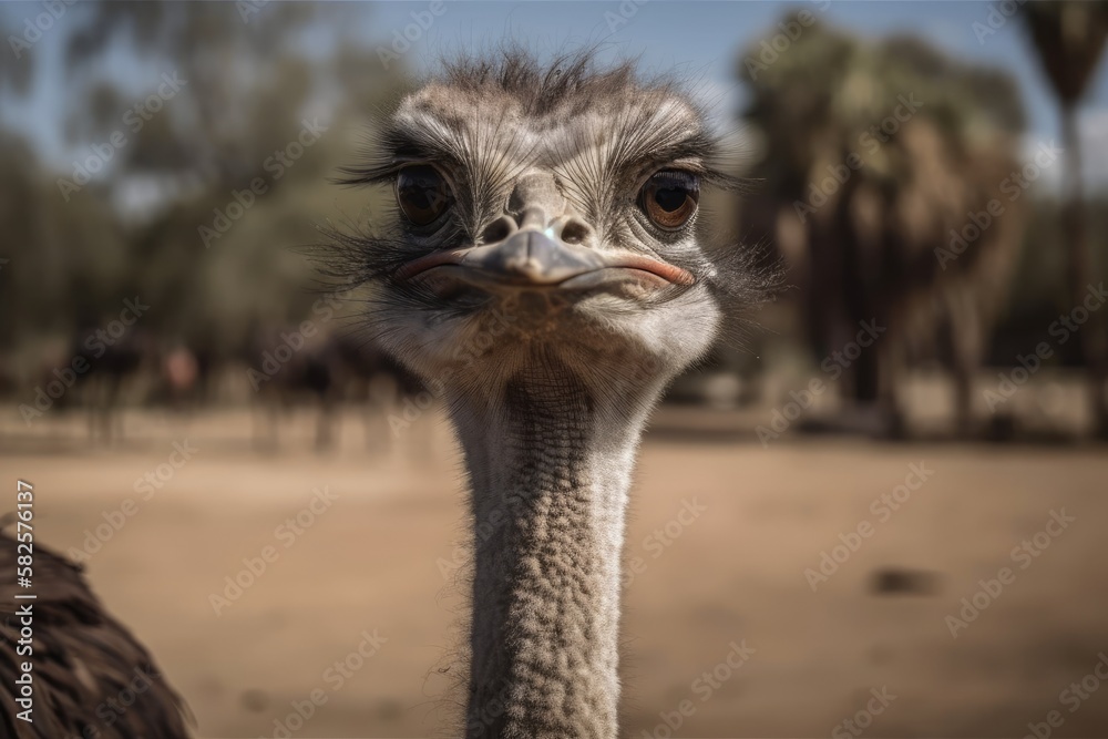 A curious African ostrich is seen strolling across the ostrich farms pasture. Rooster Farm. Generat