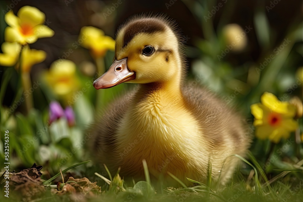 Fluffy yellow duckling amidst grass and strawberry blooms in the garden. Generative AI