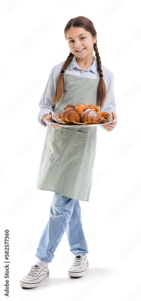 Little baker with tray of tasty croissants on white background