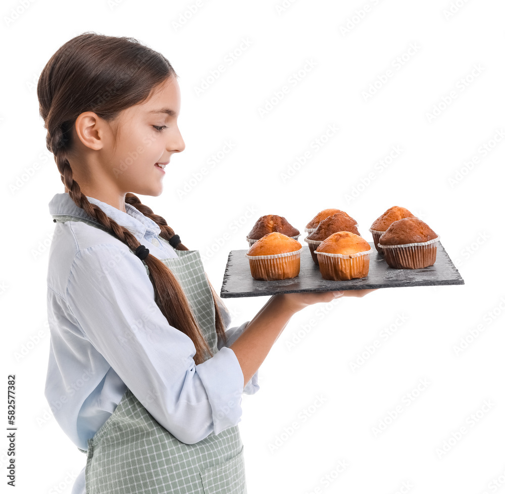 Little baker with board of tasty cupcakes on white background