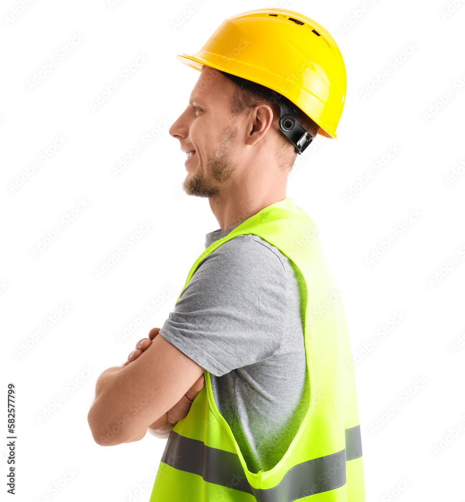 Male worker in vest and hardhat on white background