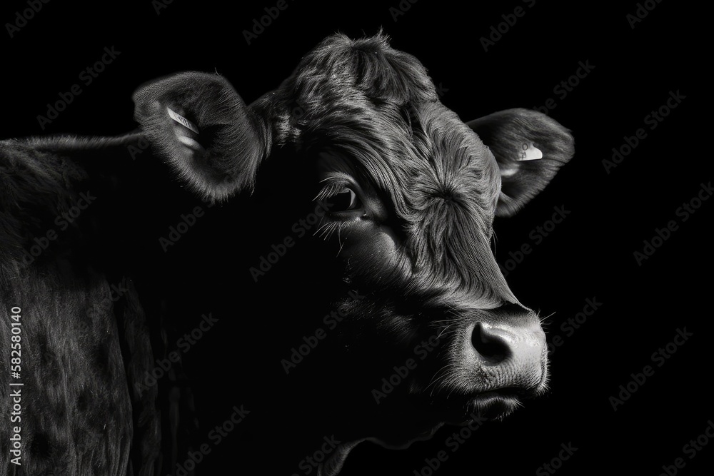 Angus heifer portrait in monochrome with right side empty space. Generative AI