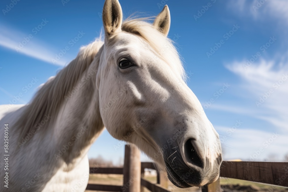 A cute horse on a farm is shown up close. Generative AI