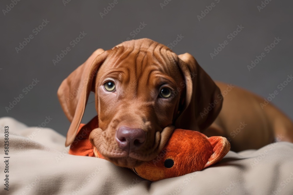 An adorable Vizsla puppy resting on a plush toy of an animal. Generative AI