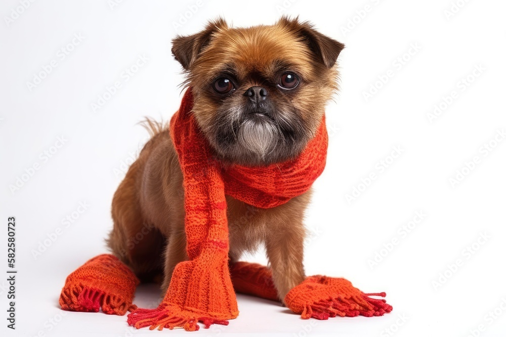 Brussels Griffon dog breed, isolated on white, wearing a red knit scarf and boots. Generative AI