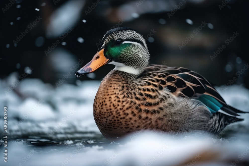 A colorful wild duck on a winter lake. Generative AI