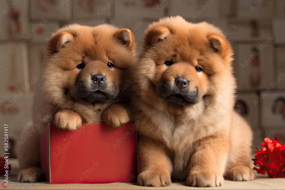 Two adorable Chow Chow puppies with a present box that says Love. Generative AI