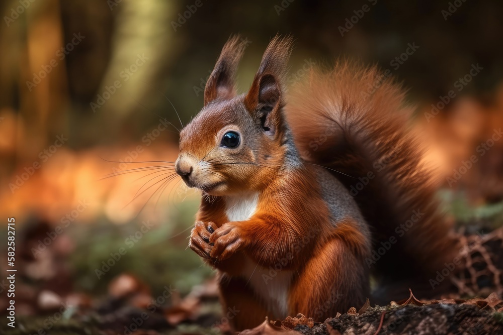 In the fall, the squirrel with the nut perches on the tree. Red squirrel of Eurasia, Sciurus vulgari