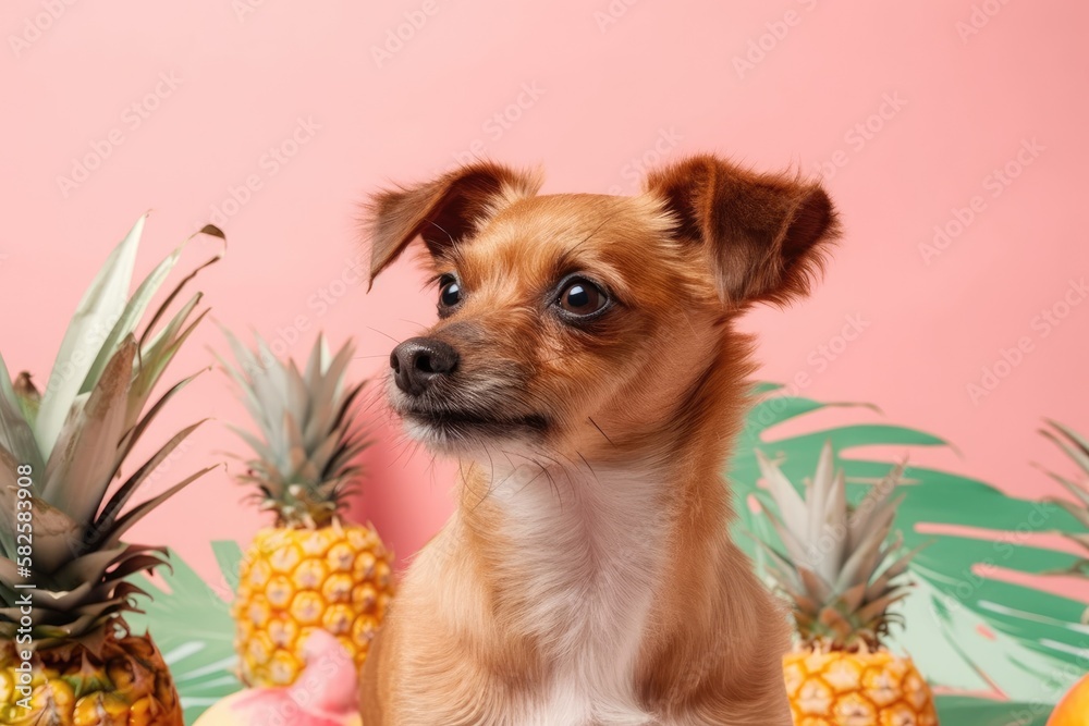 little mixed breed dog in a tropical setting. flamingos, puppies, and pineapples. Generative AI