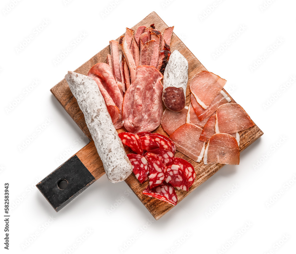 Wooden board with assortment of tasty deli meats isolated on white background