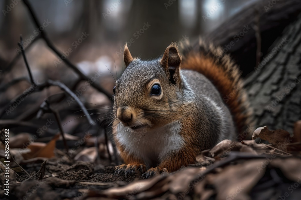 Squirrel at a trees base. Generative AI