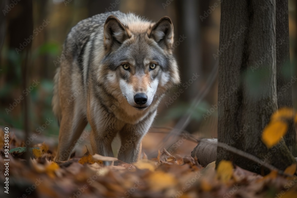 Wolf Prowling Through The Woods. Generative AI