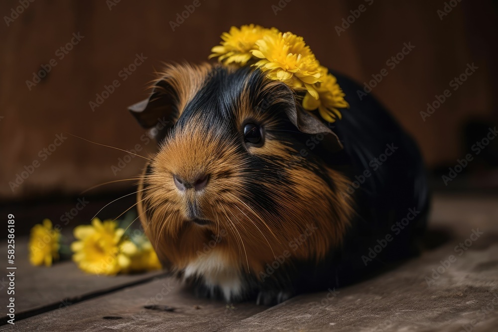 Guinea pig with a yellow flower is little and fluffy. Dandelion. Cavy. Generative AI