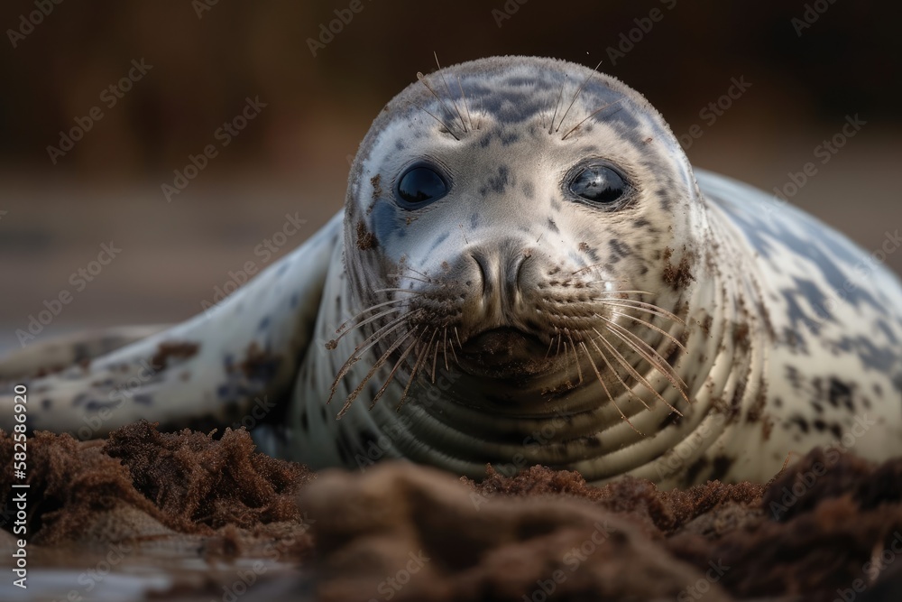 During low tide, a common seal (Phoca vitulina) is seen resting on a sandy shore. Generative AI