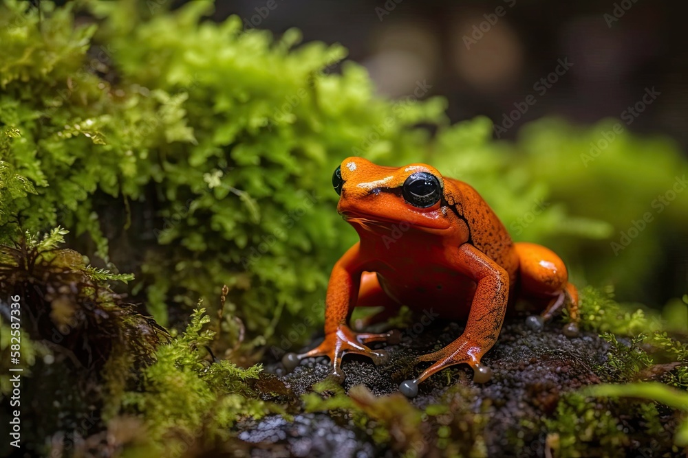 lovely little frog Mantella, Mantella laevigata, and Nosy Mangabe climbing in Madagascar. Generative