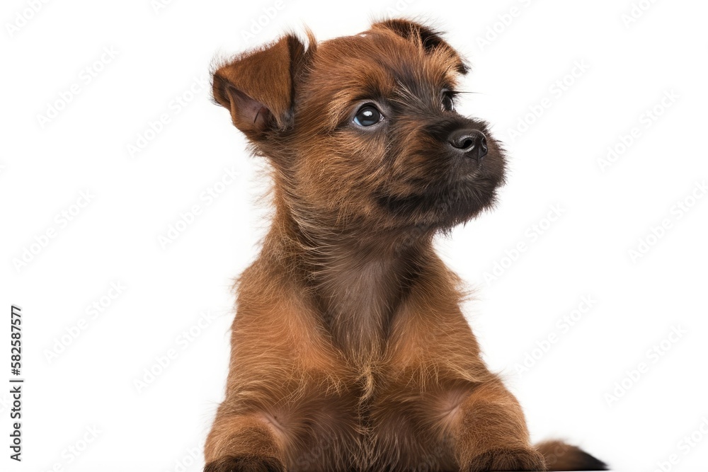 Belgian Griffon puppy sitting and staring off into the distance. isolated against a white background