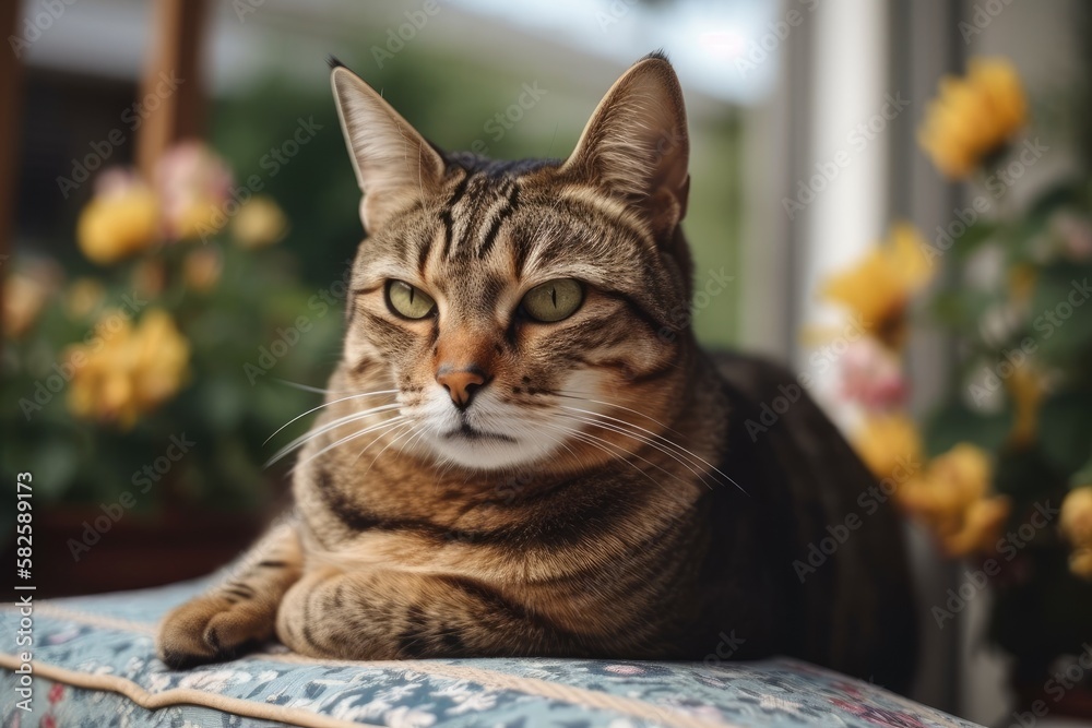 On the balcony, a little cat sits on a pillow. Generative AI