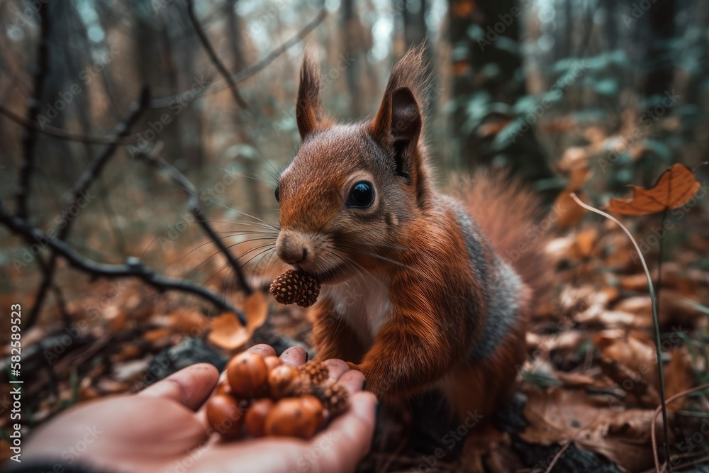 Squirrel in fall woodland eating from hands. Generative AI