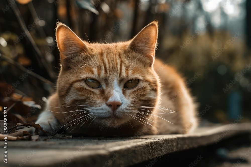 Adorable orange cat lazing about outside. Generative AI