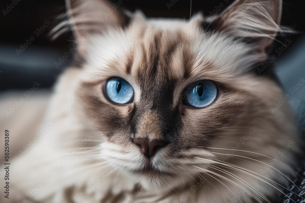 Close up of a Scotch Straight cat with blue eyes at a cat bed. Generative AI