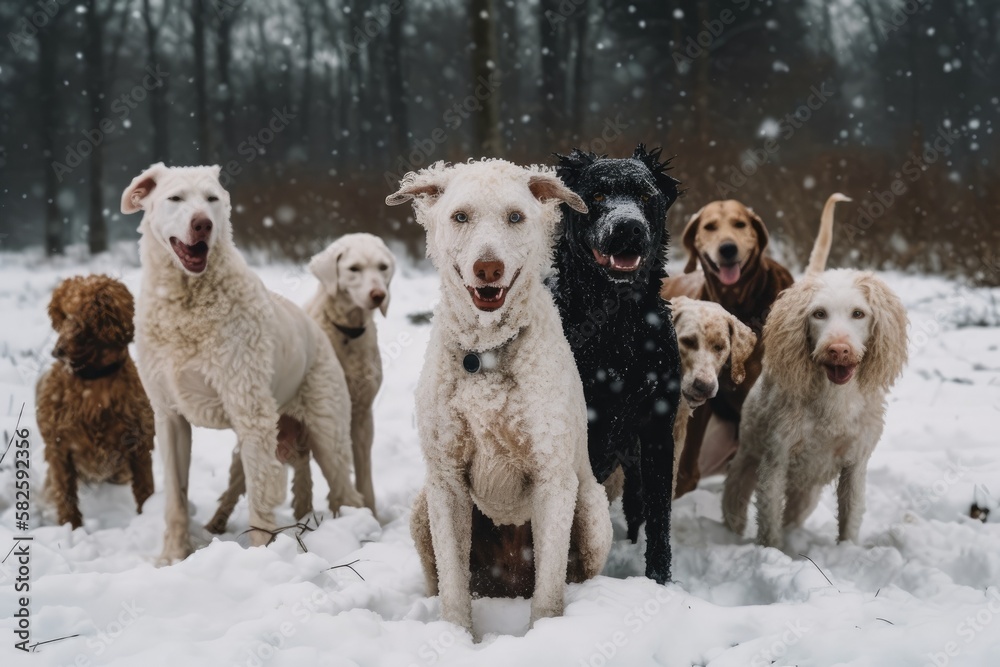 White standard poodles and American pit bull terriers have fun in the snow. Generative AI