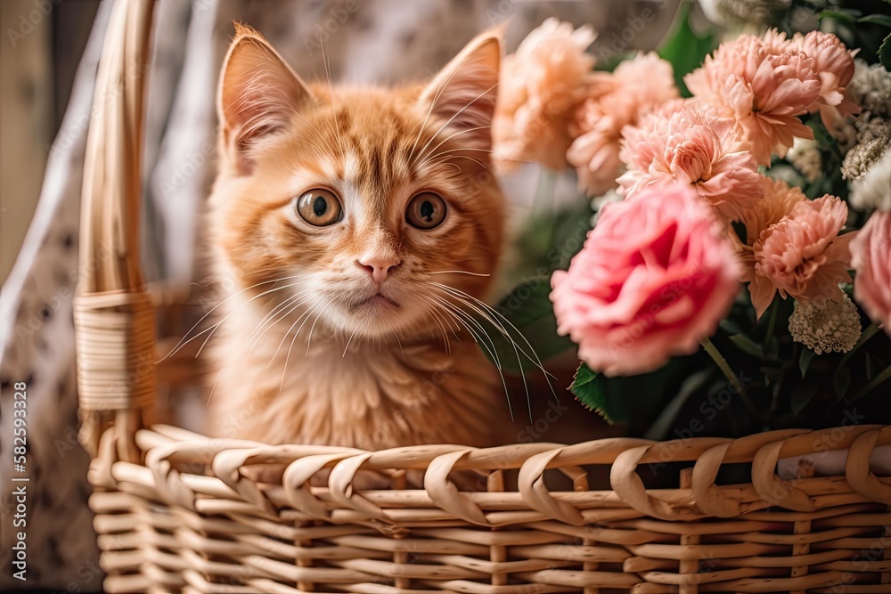 Adorable kitty in a basket with flowers. Generative AI