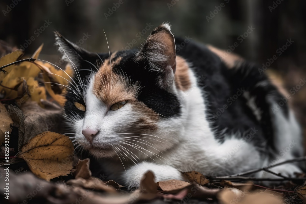 Cat in black and white sleeping on the ground. Generative AI