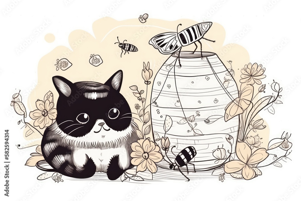 drawing a cute cat and a beehive. Front view of the camera shows a gloomy scene. For greetings, wall