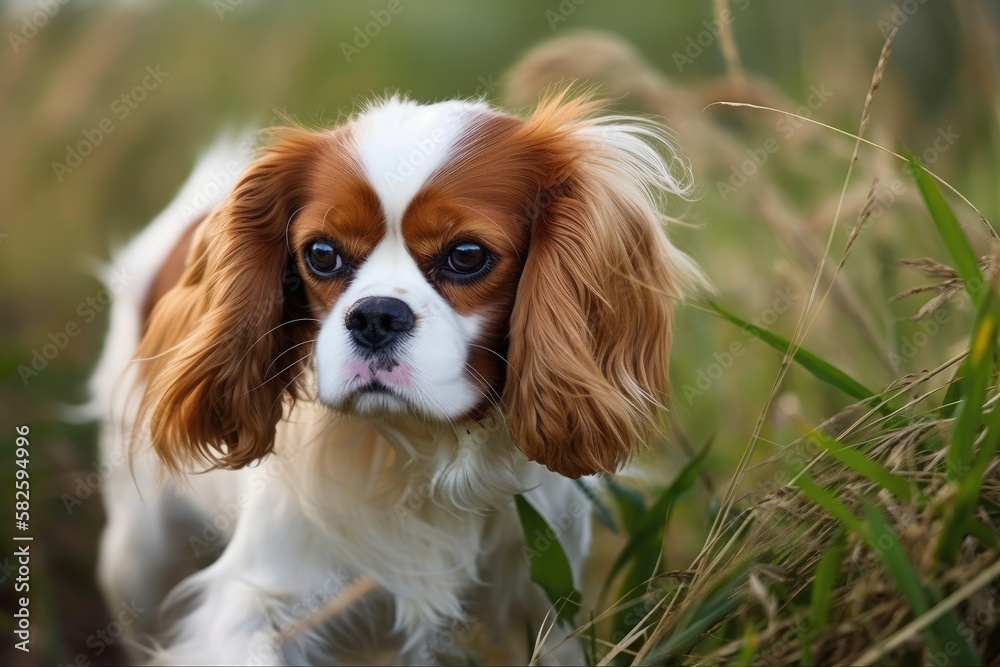 Cavalier King Charles Spaniel dog outdoor photograph. Generative AI