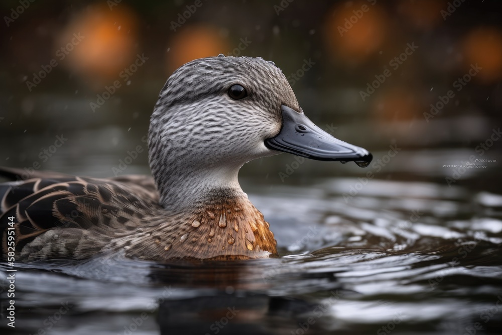 An exquisite male Gadwall named Anas strepera in a headshot swimming in a lake. Generative AI