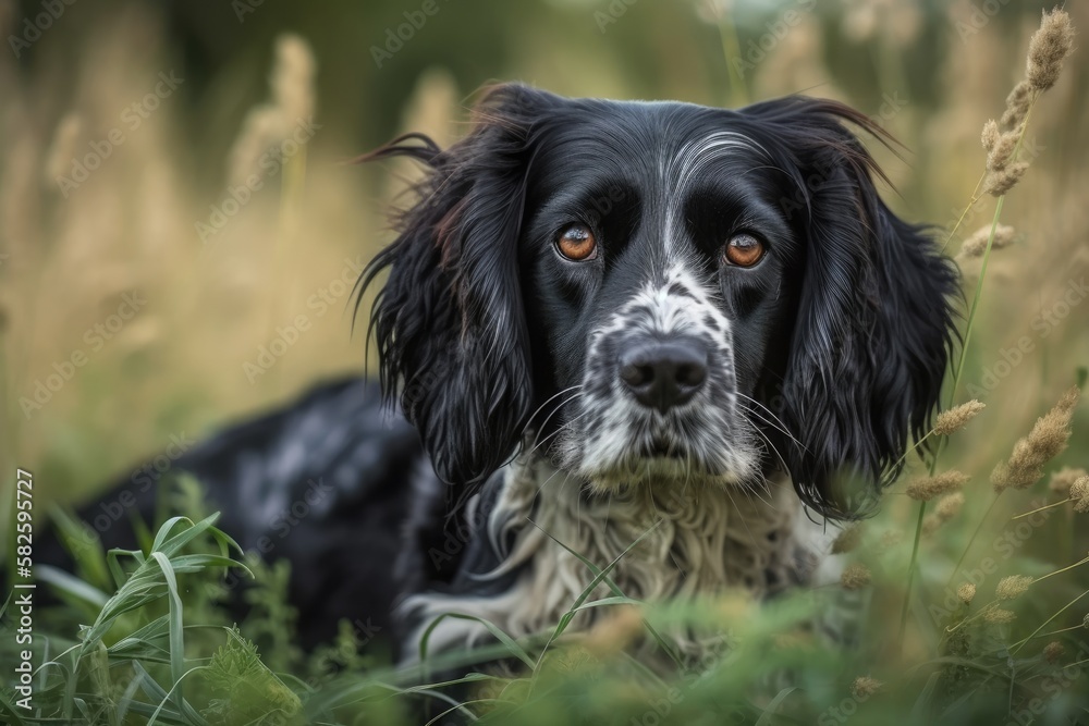 In the grass is a black spaniel with white paws. A park day in the summer. Generative AI