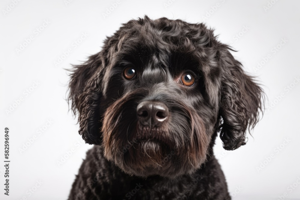 Isolated on a white background, a portrait of a curly black labradoodle dog looking at the camera. G