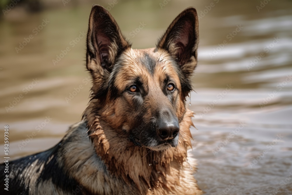 On the river, a german shepherd. Generative AI