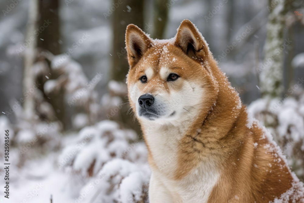 In the snow, a Japanese akita inu poses. Generative AI