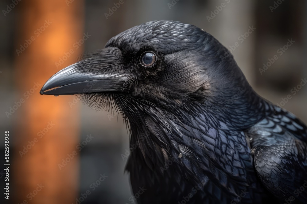 A young crows head against a gray background. Close up of a raven portrait. Bird in the city. Gener