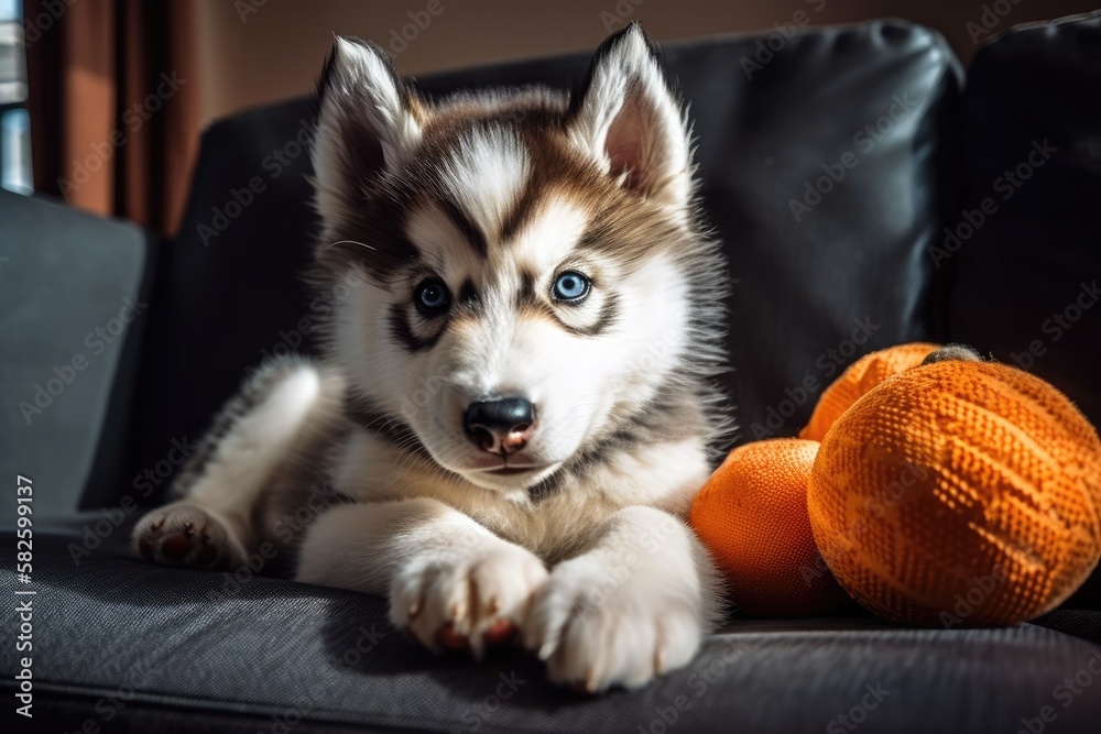 Alaskan Malamute puppy in cute pose on sofa with a toy ball. Generative AI