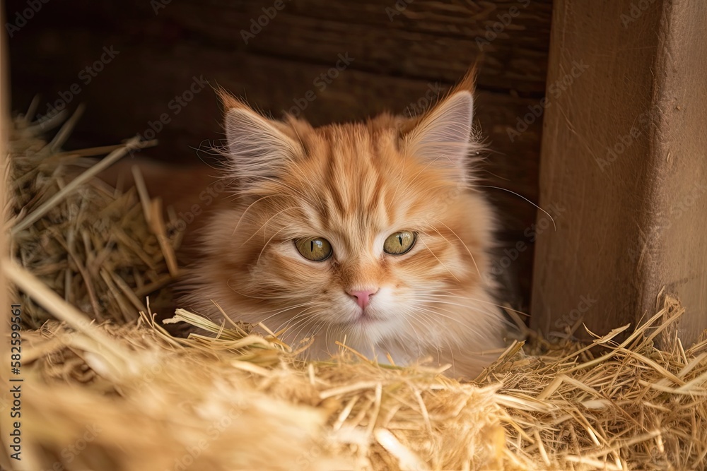 lovely cat resting on straw. Generative AI