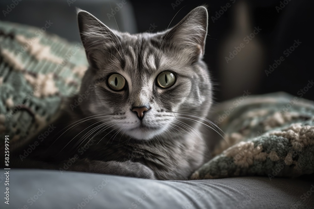 On a sofa, a gray and white cat is curled up. Generative AI