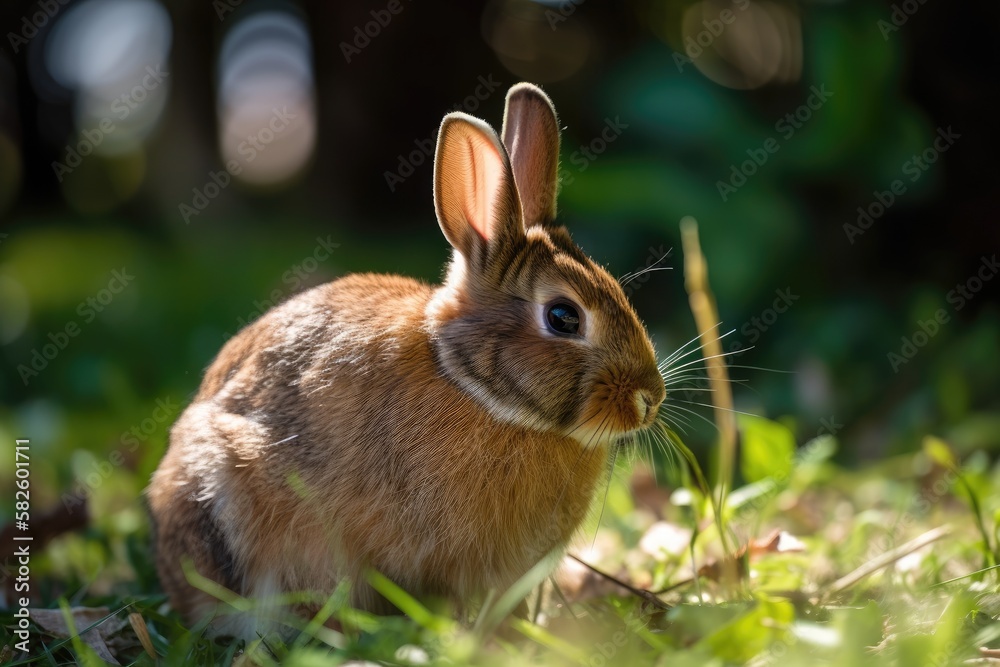 A adorable, plump brown rabbit eating some food in the sun is shown up close. Generative AI