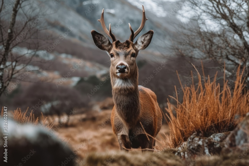 Scottish deer on a wild backdrop. Generative AI