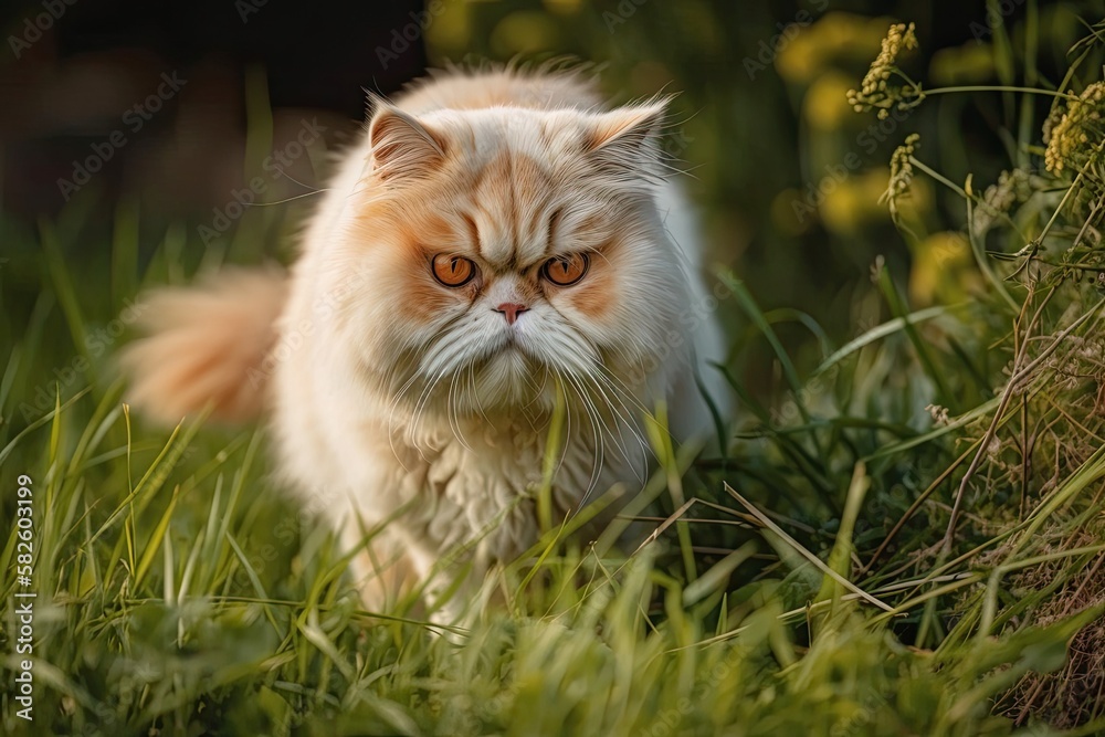 Persian cat strolling through the grass. Generative AI