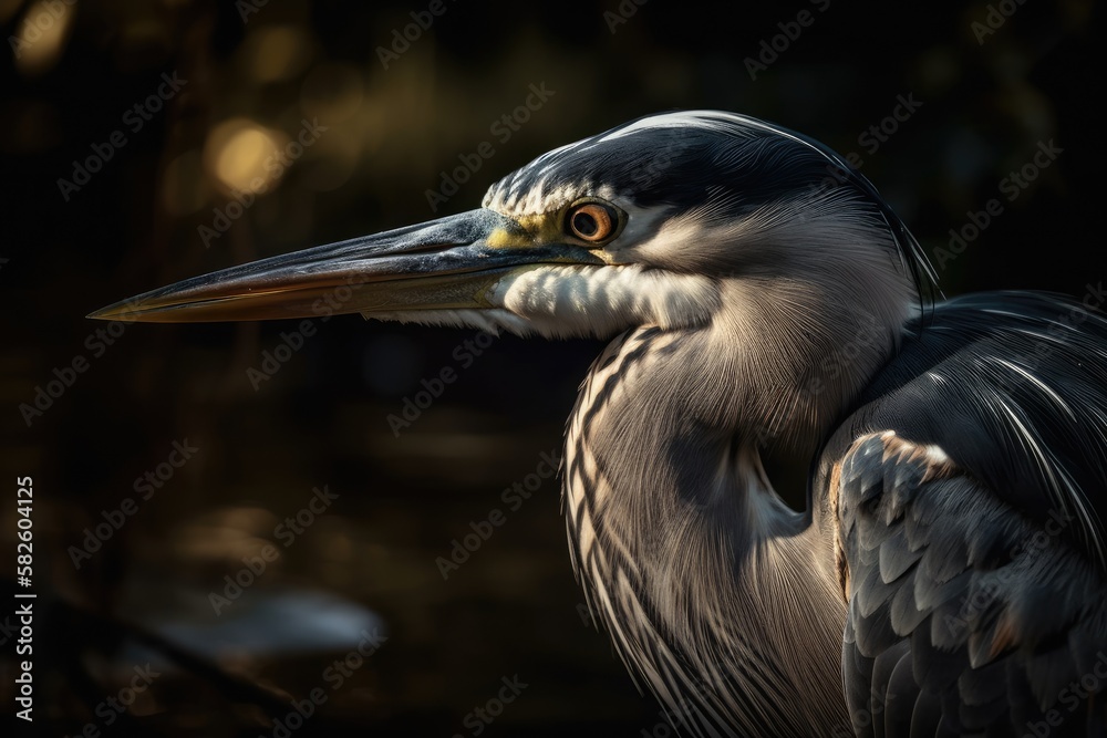 At nightfall, a close up of a female Grey Heron. Generative AI