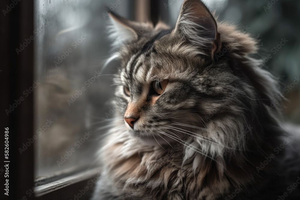 On a white windowsill with a blurred background, a grey sleeping cat is seen. Generative AI