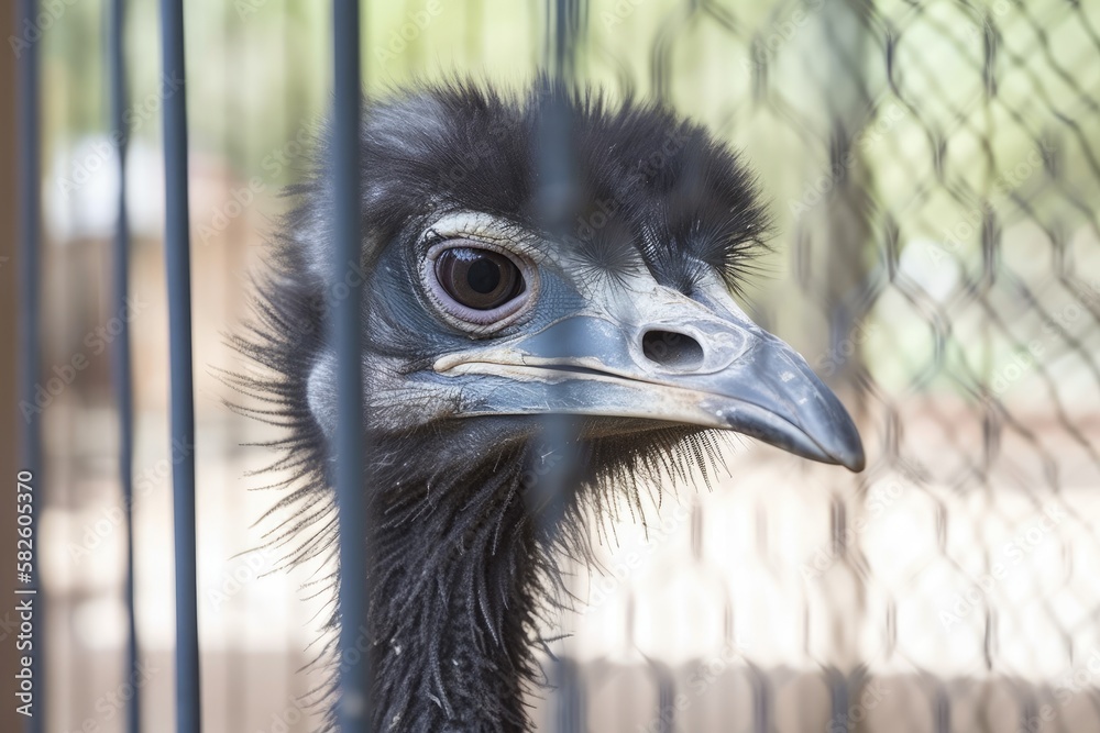 incredibly attractive caged black ostrich. Generative AI