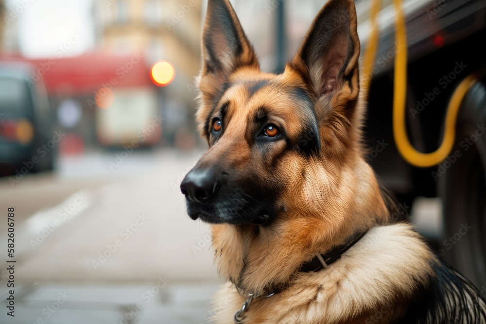 In the street, a portrait of a German shepherd. Generative AI