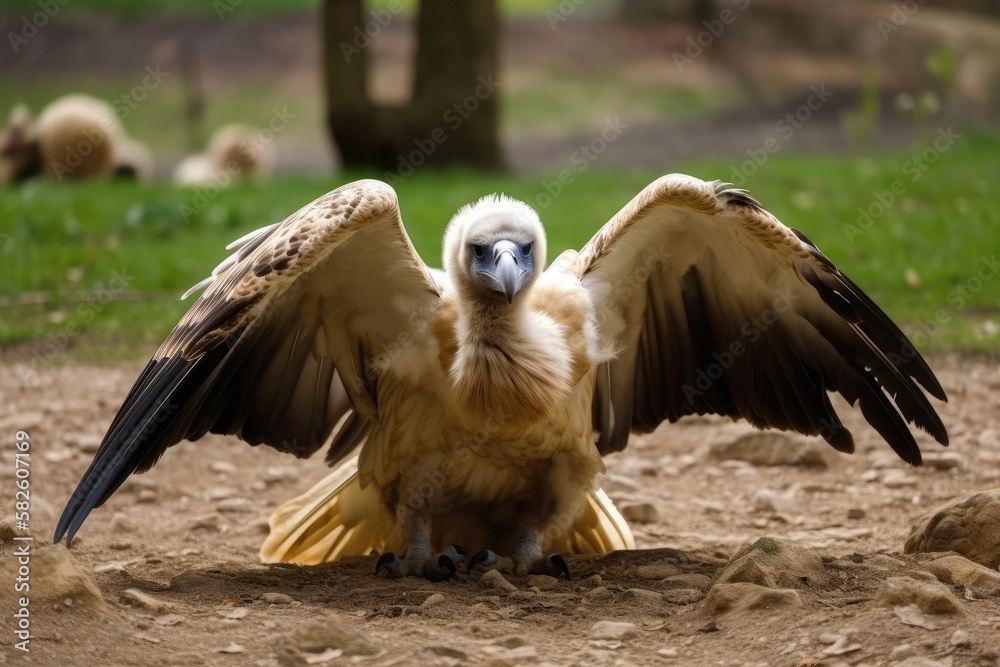 Griffon vulture photographed on ground, about to spread its wings but unable to fly due to rings hol